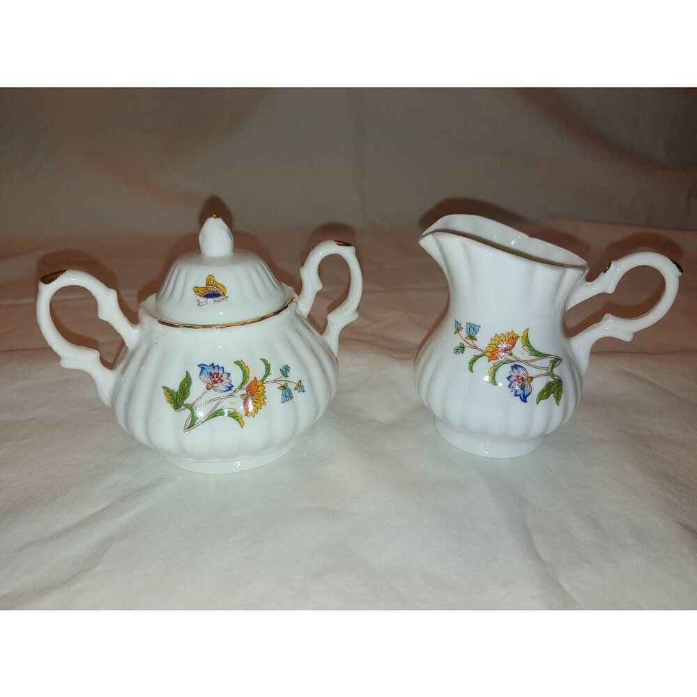 Vintage Porcelain Sugar Bowl And Creamer Gold Trim Set